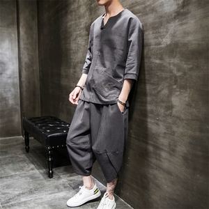 W57 P75 室内风 春夏新款亚麻风大口袋七分套装盘扣刺绣图片