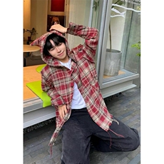 秋季新小众设计师款红色格子毛边宽松连帽衬衫式外套CK53，男装衬衫，星座1116A（原606A-3）