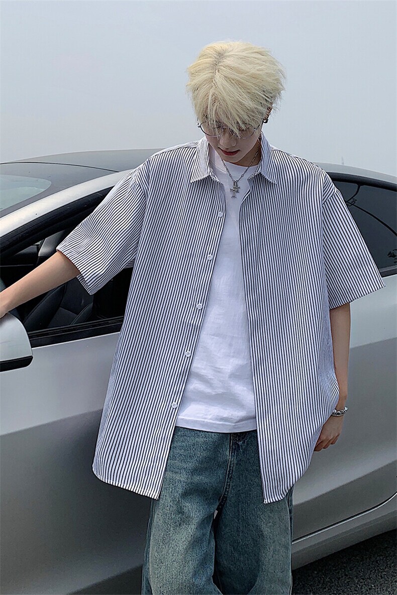 B221美式ins高街宽松薄款条纹短袖衬衫SY2552-特P28控49,男装衬衫,电商B221