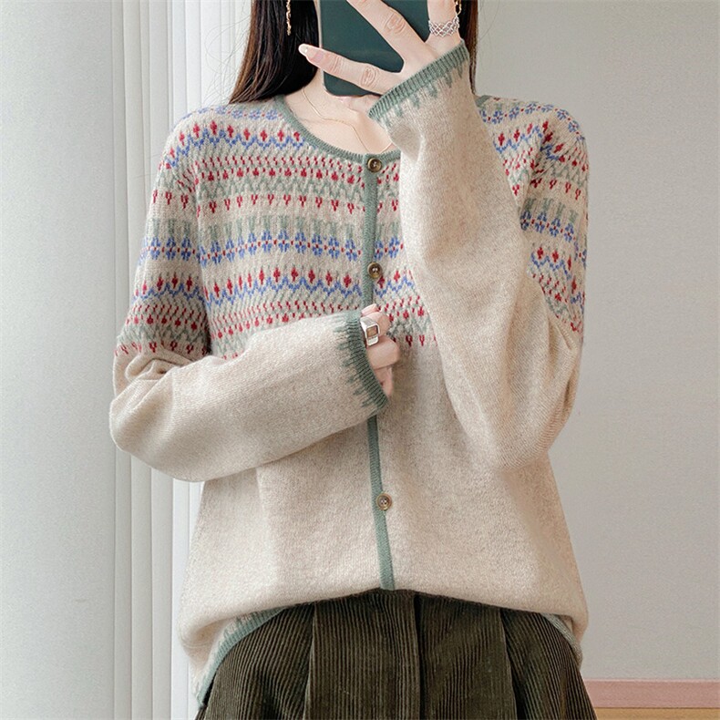 新款圆领复古提花100羊毛衫撞色开衫女宽松外搭长袖针织百搭上衣，女装针织衫/毛衣，江南羊绒