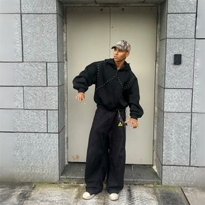 抖音得物高品质 26春装美式高街铆钉杜宾犬耳朵开衫卫衣外套W125图片