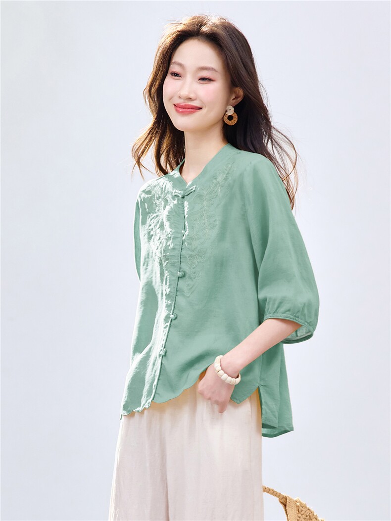 长期现货2026苎麻刺绣天丝上衣女夏季薄款中袖衬衫中老年妈妈T恤,女装衬衫,璐依舞
