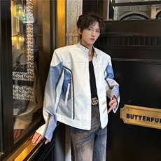 春秋立领皮衣夹克男女炸街牛仔拼接赛车服高级感宽松痞帅外套潮流，男装工装外套，星座506A