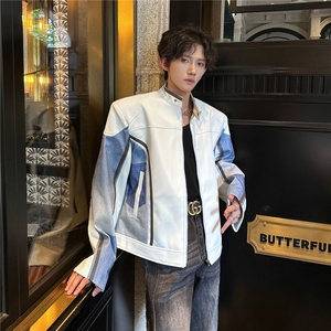 春秋立领皮衣夹克男女炸街牛仔拼接赛车服高级感宽松痞帅外套潮流图片