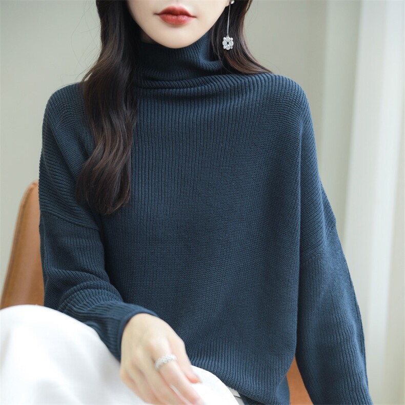 纯棉线加厚高领毛衣女纯色堆堆领长袖打底针织衫保暖全棉内搭上衣,针织衫/毛衣,品高羊绒