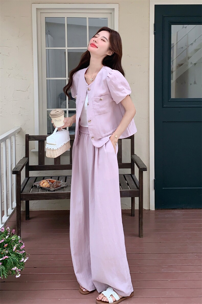 粉色泡泡袖套装女夏收腰阔腿裤两件套时尚显瘦223-1551P165K245,商品下架区,莘蕾