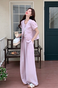 粉色泡泡袖套装女夏收腰阔腿裤两件套时尚显瘦223-1551P165K245图片