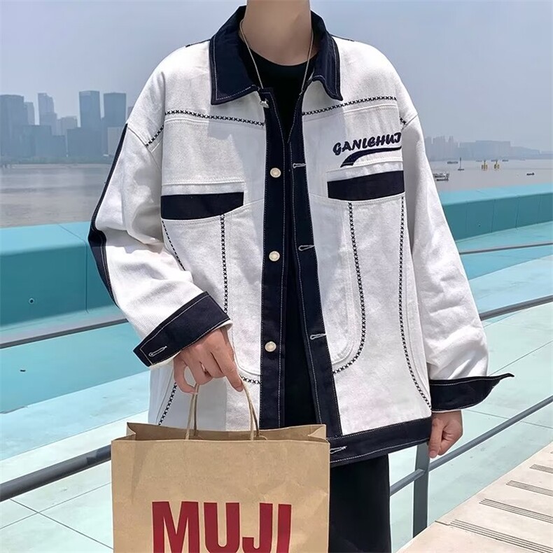男秋季拼接外套潮上衣ins美式复古工装夹克X79P45图片