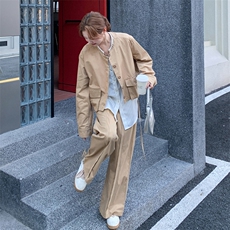 条纹拼接假两件外套直筒裤两件套2025秋季新款韩系卡其色淡人套装，女装套装/套裙，2C093