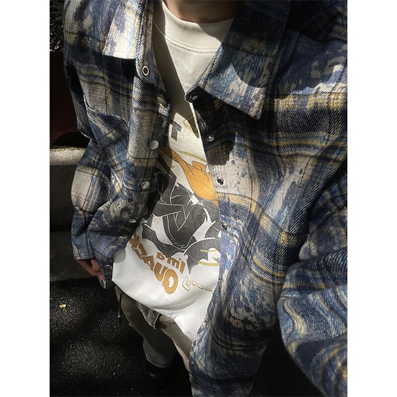 水墨晕染格纹衬衫外套做旧破坏扎染毛边格子长袖衬衣CS001-P65，男装衬衫，星座908