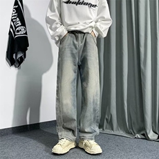 牛仔裤男高街vibe复古做旧直筒裤秋季美式宽松休闲裤子N1381-P45，男装牛仔裤，星座1008-1