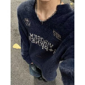 复古美式运动风毛衣男女宽松高级感徽章印花V领球服针织上衣外套图片