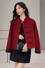 新中式盘扣短款双面羊绒大衣女25秋冬新款小个子红色羊毛呢外套，女装双面呢大衣，小荷流