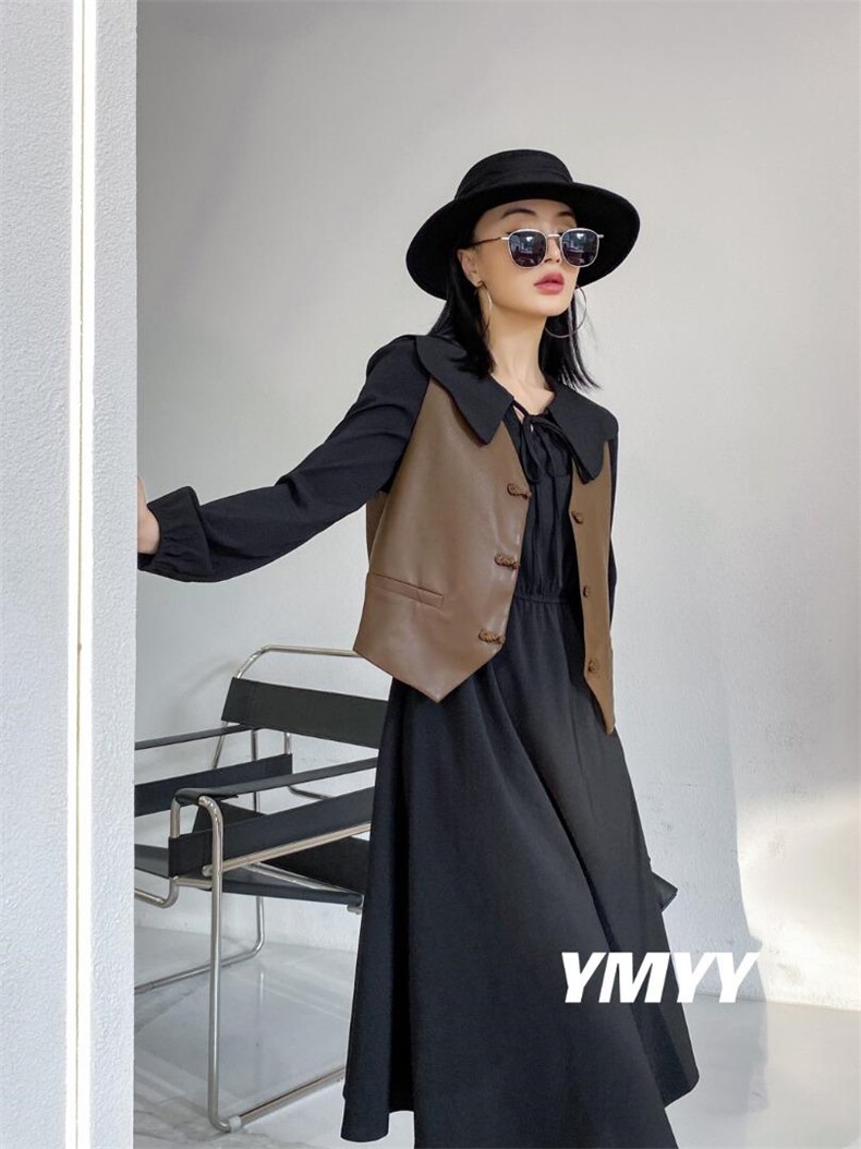 现货秋装新款连衣裙两件套皮衣马甲，女装连衣裙，依美依缘