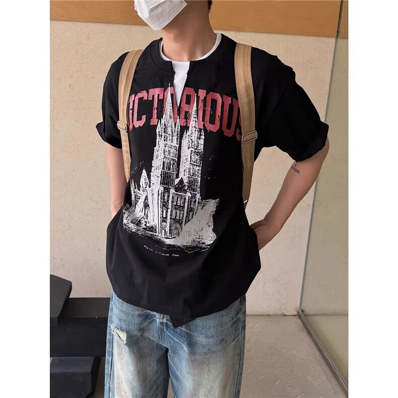 高质量棉夏季美式复古领口假两件设计感短袖t恤男潮情侣上衣,男装T恤,星座516A
