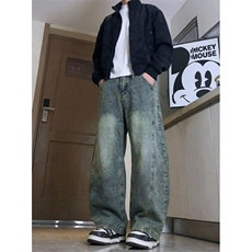 美式裤子男冬季新款宽松牛仔裤男士复古弯刀男生修身微喇长裤，男装牛仔裤，星座302A-2