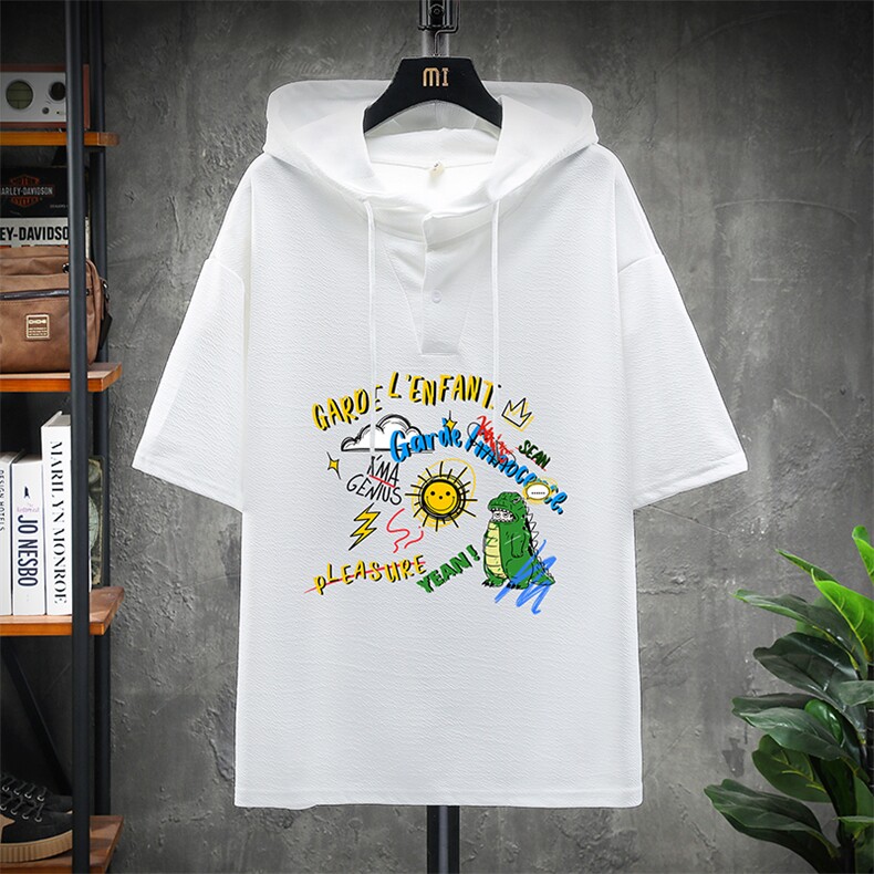 LD54219-P45 连帽短袖t恤男大码胖子带帽五分袖中袖 展架图片