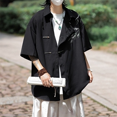 新中式竹叶短袖衬衫夏季新款高级感宽松休闲百搭衬衣，男装衬衫，星座410-7