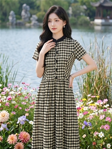 弹力面料学院风格纹连衣裙女春夏收腰显瘦中长裙格子裙子图片
