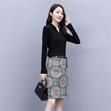 2023春季新款时尚优雅舒适高弹V领上衣+半身裙配腰带两件套，女装套装/套裙，岚衣(原川流布茜）