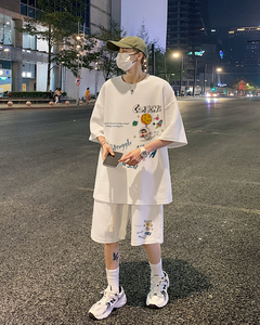 套装！夏季华夫格套装男T恤短裤男两件套大码港风TZ20-P50
