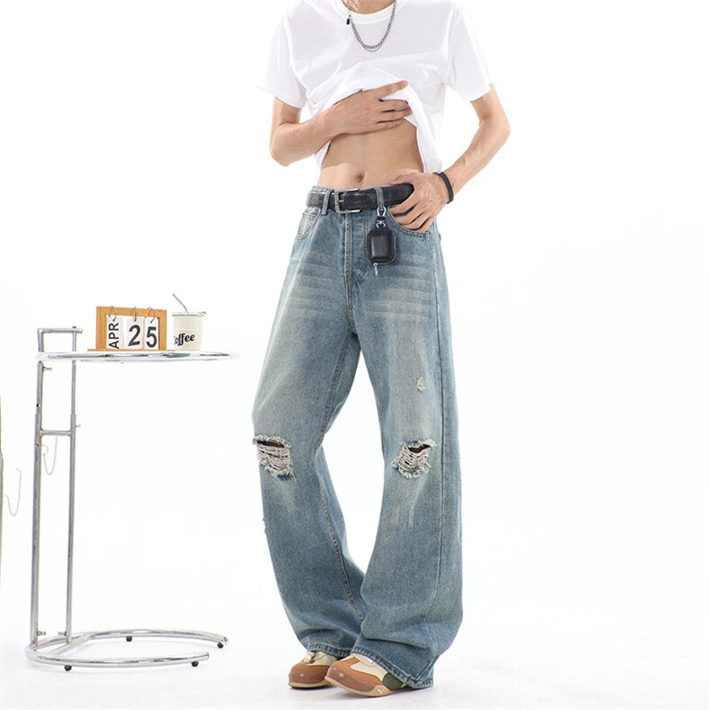 夏季破洞牛仔裤男款小众潮牌裤子美式高街直筒微喇裤NK115-P50图片