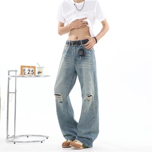夏季破洞牛仔裤男款小众潮牌裤子美式高街直筒微喇裤NK115-P50图片