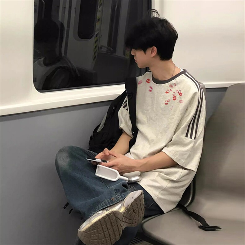 夏季美式高街重磅纯棉三条杠织带撞色男女短袖T恤ZD528-特P30,男装T恤,电商A486