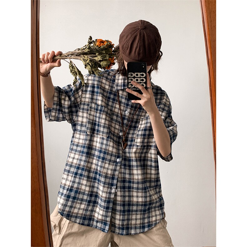 夏季格子衬衫男款美式复古短袖衬衣高级感日系外套内搭,男装衬衫,星座410-7