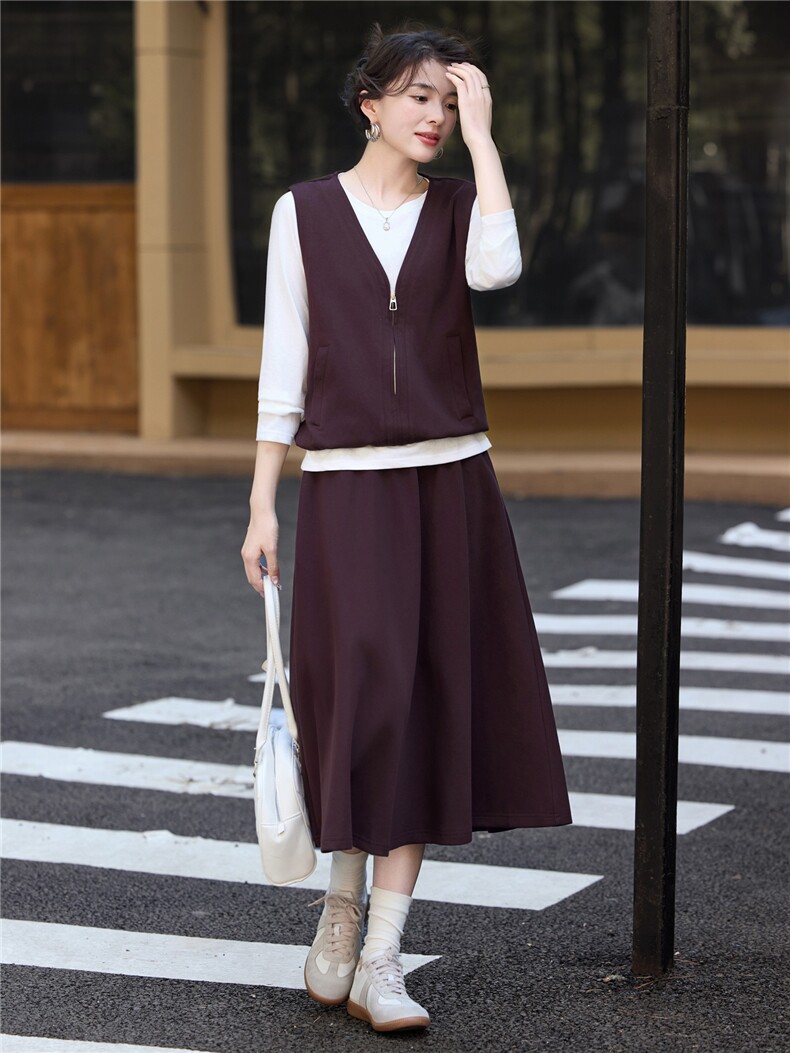 松弛感休闲套装裙女2025秋季新款假两件拼接长袖上衣半身裙两件套,女装套装/套裙,简韵佳