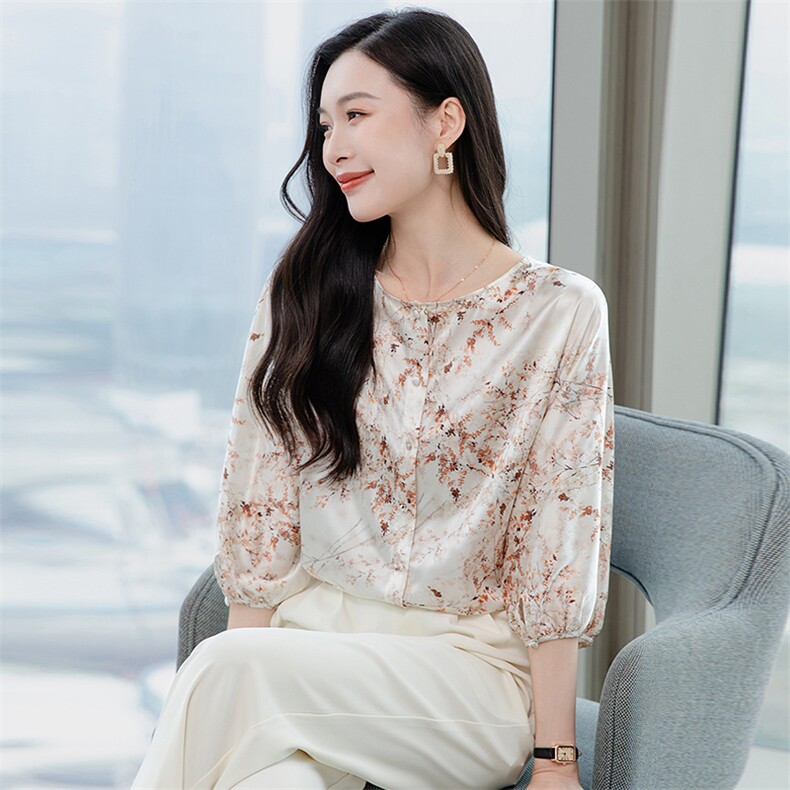 纯色真丝上衣女七分袖2026春夏宽松中袖中年妈妈装真丝T恤小衫,女装衬衫,阿舍尔精品