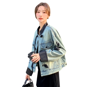 新中式国风盘扣牛仔外套女春秋2025新款独特漂亮刺绣拼接夹克上衣图片