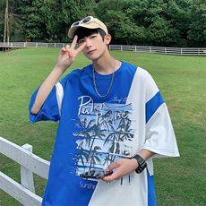 数据！设计感拼接撞色短T恤夏季宽松休闲男上衣XT228-P45控68，男装T恤，电商B370