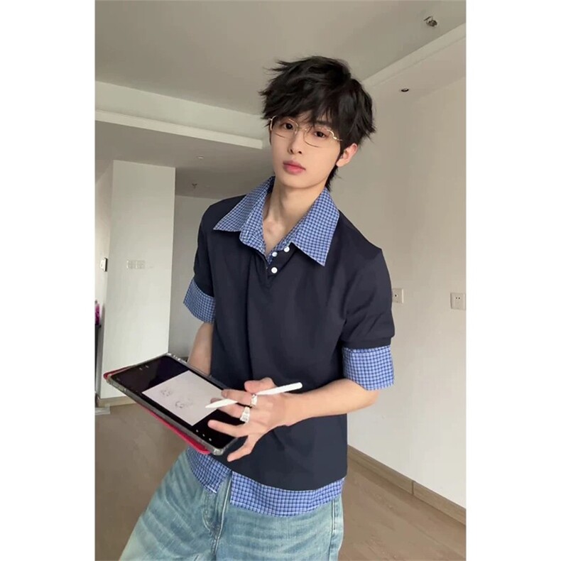 网图有货夏季美式藏青色假两件格子拼接polo领短袖男女A600-P40,男装T恤,星座1505