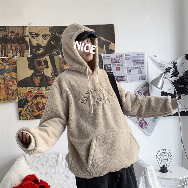 703-W199-P58秋冬港风拉绒羊羔毛绣花卫衣套头帽衫,男装卫衣,星座703