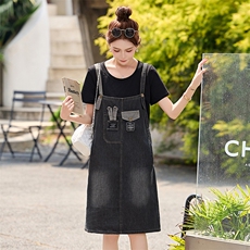 夏季新款时尚休闲背带裙子洋气收腰显瘦小个子假两件牛仔连衣裙女，女装牛仔裙，蓝诺裳