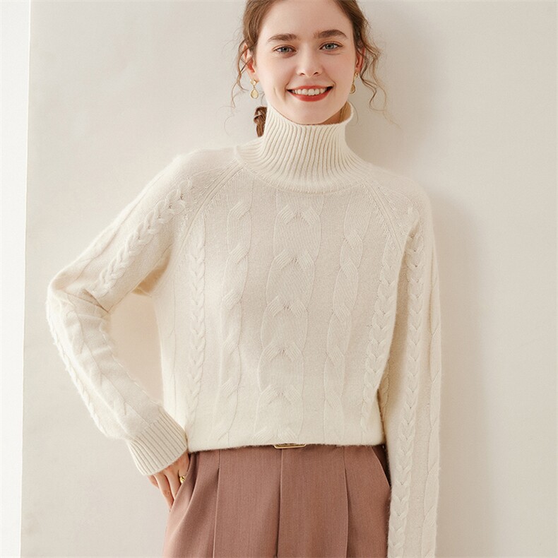 高领35%羊绒衫女秋冬新款宽松长袖加厚打底绞花纹短款针织毛衣，女装羊绒衫，缇曼羊绒