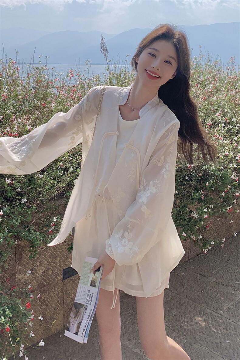 新中式时尚防晒套装女2025春夏季新款高级感国风显瘦短裤三件套装,女装套装/套裙,2C187