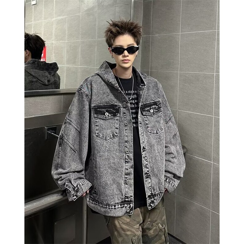 重工水洗做旧连帽牛仔外套男春秋季痞帅小众廓形宽松夹克8899P90，男装工装外套，星座410-2
