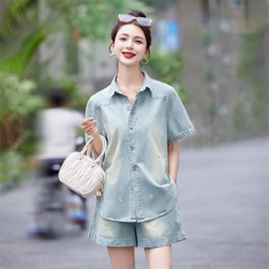 欧货夏天复古牛仔衬衫短裤套装潮2025新款女小个子休闲减龄两件套图片