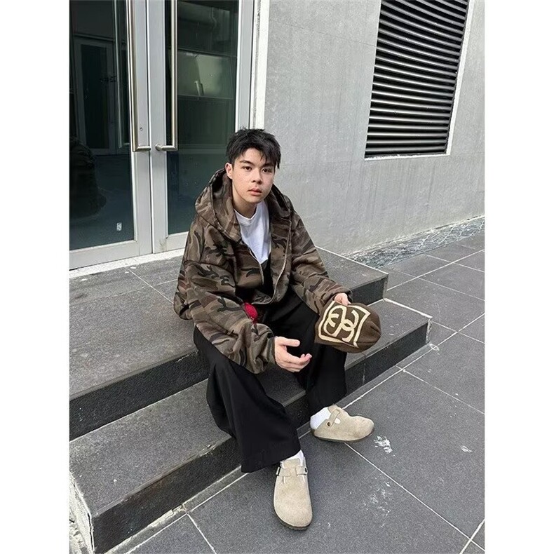 美式复古连帽迷彩卫衣外套女春秋2025新款设感拉链开衫WB526-P49,女装短外套,星座412-3