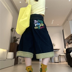 布零零格子拼接彩绘美式复古七分裤女宽松直筒牛仔短裤设计感小众，男装牛仔裤，星座506A