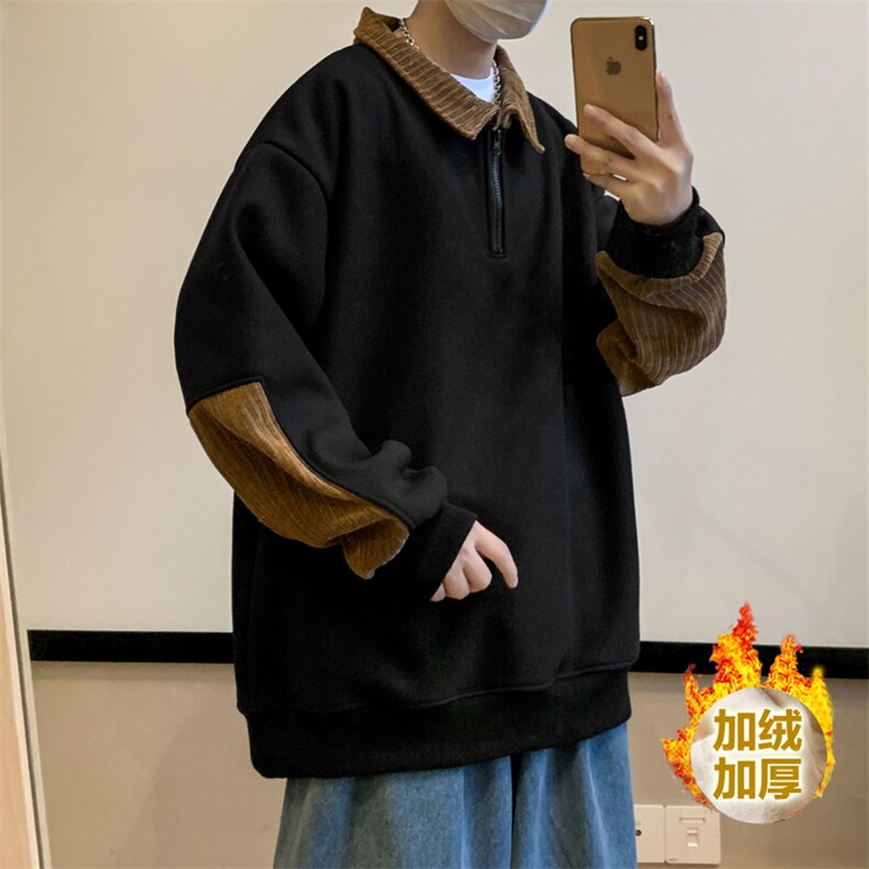 加绒大货秋装新款方领拉链拼接华夫格大码男士卫衣WX921P60，男装卫衣，电商A018