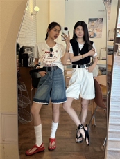 夏季高腰蕾丝花边阔腿牛仔短裤休闲直筒中裤，女装休闲裤，湘姗
