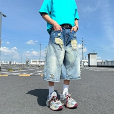 渐变破洞七分牛仔裤男夏季美式宽松直筒廓形阔腿短裤RK3040-P46，男装牛仔裤，星座412-1