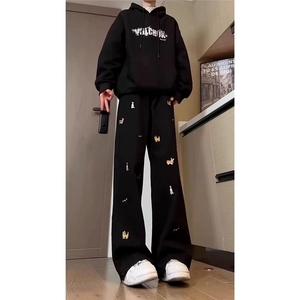 腊肠狗刺绣牛仔裤男款hiphop美式高街裤子设计感小众直筒阔腿长裤图片