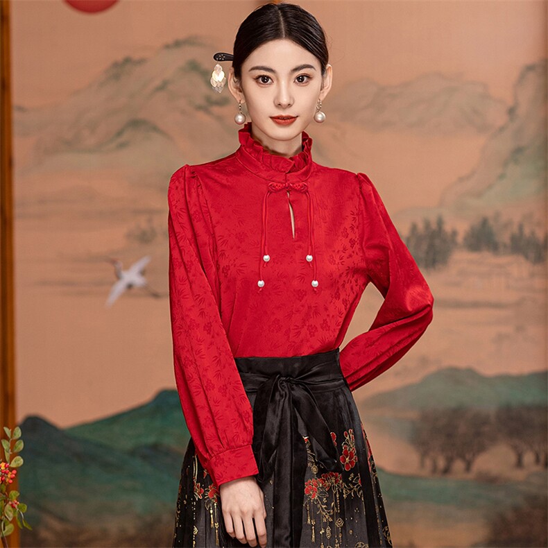 芷墨复古拼接纯色打底衬衫新中式复古百搭设计感上衣显高显瘦女图片