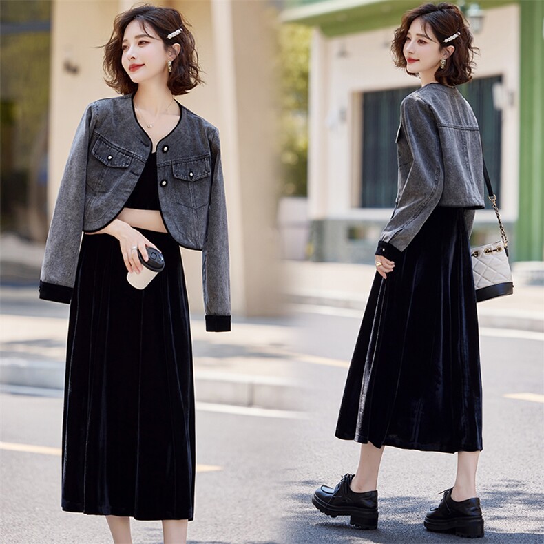 时尚牛仔短外套连衣裙两件套2024秋季新款小个子高级感减龄套装裙，女装套装/套裙，曼娅璐