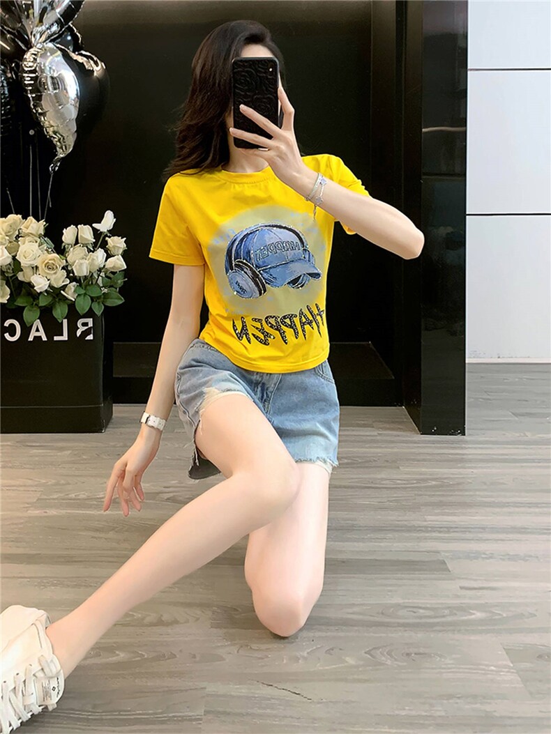 女夏季新款韩版运动休闲套装卡通印花圆领短袖宽松牛仔短裤两件套,女装套装/套裙,江南