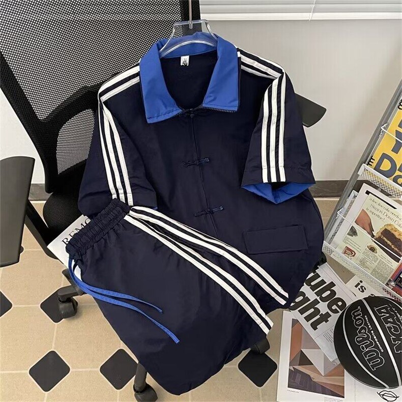 风唐装短袖衬衫盘扣三条杠条纹拼色运动短裤套装TZ81P62,男装衬衫,星座1013-1